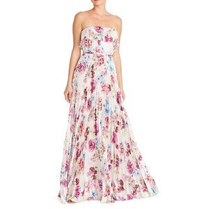 NWT ML Monique Lhuillier Strapless Satin Long Pleated Dress in Peony Dream